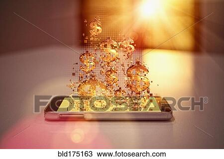 Stock Image - Pixelated dollar signs floating over cell phone. Fotosearch