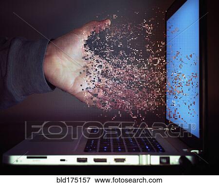 Pixelated hand of Caucasian man dissolving into laptop screen View Large Photo Image Stock Photo - Pixelated hand of Caucasian man dissolving into laptop screen. Fotosearch