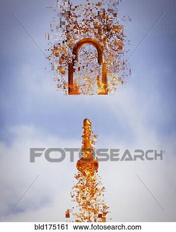 Stock Image - Pixelated key and padlock in sky. Fotosearch