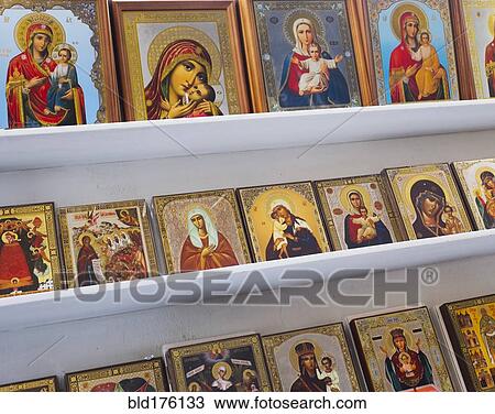 Religious icons for sale in store View Large Photo Image Stock Image - Religious icons for sale in store. Fotosearch