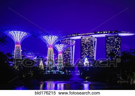 Stock Photography - Singapore marina illuminated at night. Fotosearch