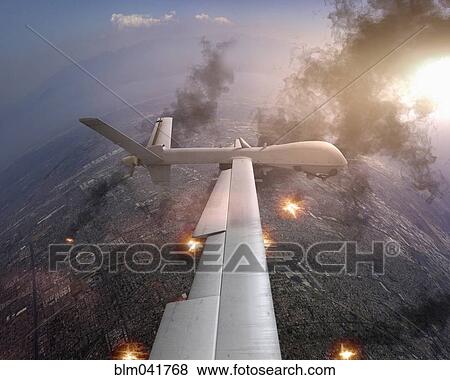 Aerial view of drone flying over war torn landscape View Large Photo Image Stock Photo - Aerial view of drone flying over war torn landscape. Fotosearch