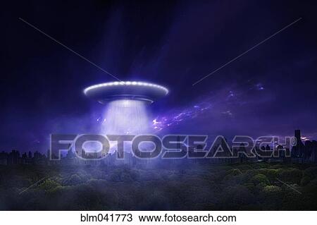 Stock Image - Alien spaceship landing in urban park. Fotosearch