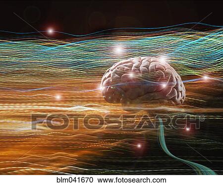 Stock Image - Brain floating in light trails. Fotosearch