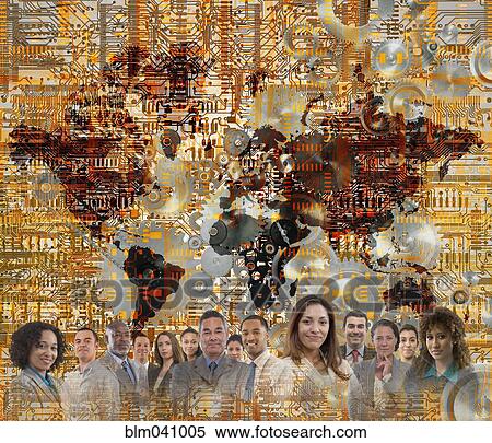 Stock Photography - Business people and global map in microchip technology. Fotosearch
