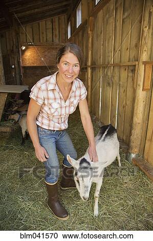 Caucasian farmer petting goat in barn View Large Photo Image Stock Image - Caucasian farmer petting goat in barn. Fotosearch