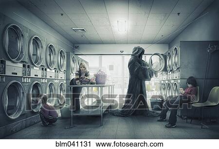 Stock Image - Grim Reaper doing laundry at laundromat. Fotosearch