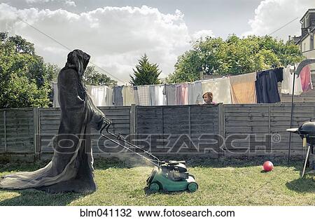 Stock Image - Grim Reaper mowing backyard. Fotosearch