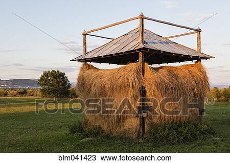 Stock Image - Hay rick in rural farm field. Fotosearch