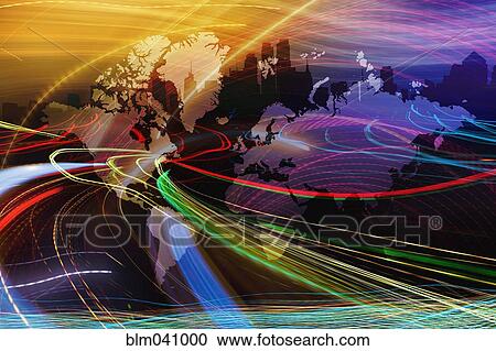 Light trails and global map in sunset sky View Large Photo Image Stock Image - Light trails and global map in sunset sky. Fotosearch