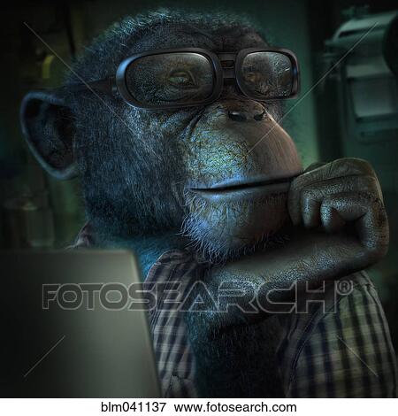Stock Photo - Monkey in eyeglasses resting chin in hand. Fotosearch