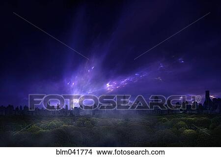 Picture - Night sky over urban park. Fotosearch