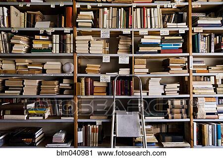 Stock Image - Stepladder by bookshelves in library. Fotosearch