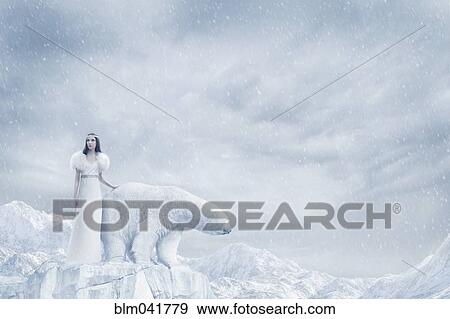 Woman and polar bear standing on glacier View Large Photo Image Stock Photo - Woman and polar bear standing on glacier. Fotosearch