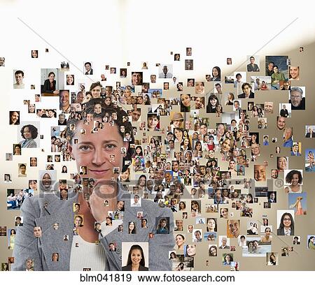 Stock Photo - Woman standing in montage of faces. Fotosearch
