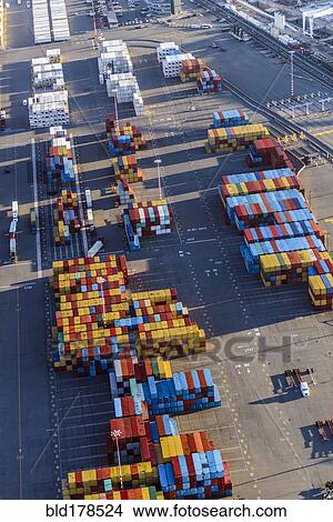 Picture - Aerial view of containers in shipping yard. Fotosearch