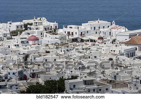 Aerial view of Mykonos cityscape, Cyclades, Greece View Large Photo Image Stock Photo - Aerial view of Mykonos cityscape, Cyclades, Greece. Fotosearch