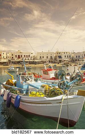 Boats anchored in Mykonos harbor, Cyclades, Greece View Large Photo Image Stock Photo - Boats anchored in Mykonos harbor, Cyclades, Greece. Fotosearch