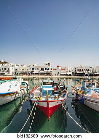 Boats anchored in Mykonos harbor, Cyclades, Greece View Large Photo Image Stock Photo - Boats anchored in Mykonos harbor, Cyclades, Greece. Fotosearch