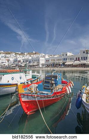 Stock Photograph - Boats anchored in Mykonos harbor, Cyclades, Greece. Fotosearch