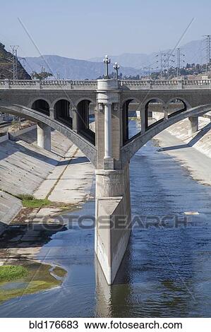 Stock Image - Bridge over urban aqueduct of Los Angeles River, Los Angeles, California, United States. Fotosearch