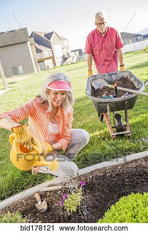 Stock Image - Caucasian couple gardening in backyard. Fotosearch