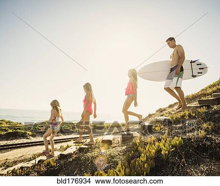 Picture - Caucasian father and daughters walking on beach. Fotosearch