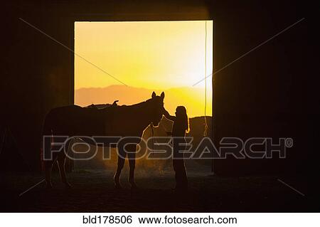 Stock Photograph - Caucasian woman grooming horse in barn. Fotosearch