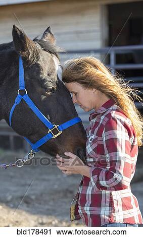 Stock Image - Caucasian woman hugging horse on ranch. Fotosearch