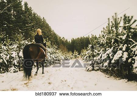 Stock Photo - Caucasian woman riding horse on snowy path. Fotosearch