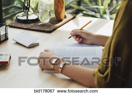 Stock Photo - Caucasian woman studying at desk. Fotosearch