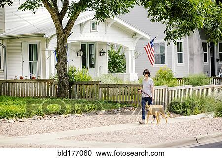 Stock Image - Caucasian woman walking dog in neighborhood. Fotosearch