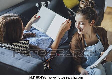 Stock Photo - Caucasian women studying in living room. Fotosearch