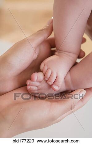 Close up of mother holding bare feet of baby View Large Photo Image Stock Photo - Close up of mother holding bare feet of baby. Fotosearch