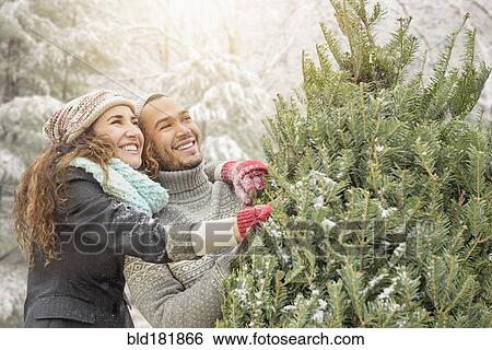 Couple hugging at Christmas tree farm View Large Photo Image Stock Photograph - Couple hugging at Christmas tree farm. Fotosearch