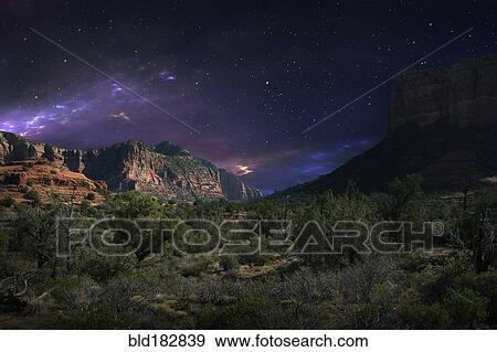Stock Photo - Desert landscape and night sky, Sedona, Arizona, United States. Fotosearch