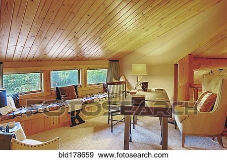 Stock Photo - Desk and chairs in rustic office. Fotosearch