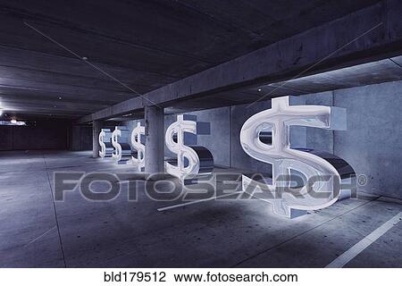 Stock Image - Dollar signs in parking lot. Fotosearch