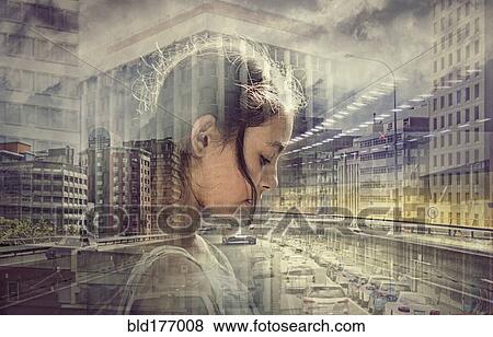 Stock Photo - Double exposure of mixed race girl and busy cityscape. Fotosearch