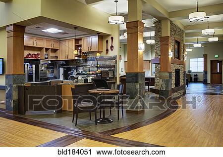 Empty cafe in assisted living facility View Large Photo Image Stock Image - Empty cafe in assisted living facility. Fotosearch