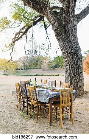 Stock Photo - Empty dinner table in field. Fotosearch