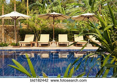 Stock Image - Empty lawn chairs by swimming pool. Fotosearch