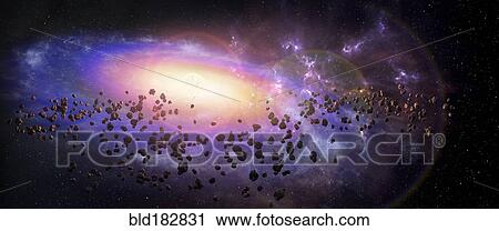 Stock Image - Galaxy and debris in outer space. Fotosearch