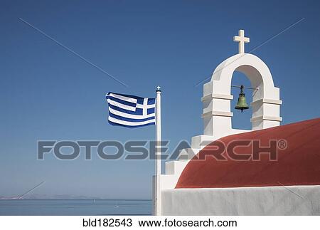 Greek flag and bell arch under blue sky View Large Photo Image Stock Image - Greek flag and bell arch under blue sky. Fotosearch