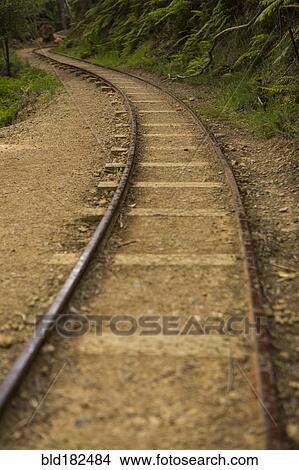 Picture - High angle view of train tracks in sand. Fotosearch
