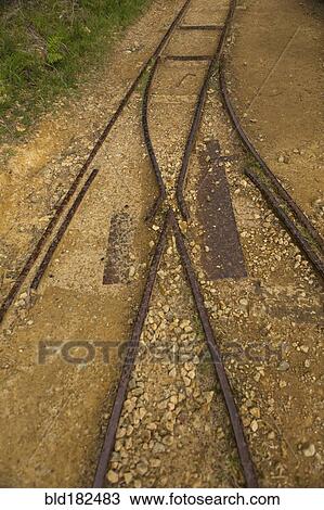 High angle view of train tracks in sand View Large Photo Image Stock Image - High angle view of train tracks in sand. Fotosearch