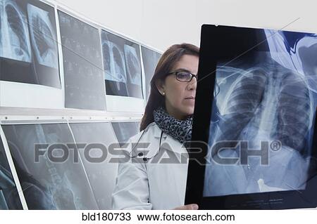 Stock Image - Hispanic doctor examining x-rays in hospital. Fotosearch