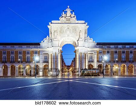 Stock Image - Illuminated ornate archway in Commerce Square, Lisbon, Lisbon, Portugal. Fotosearch