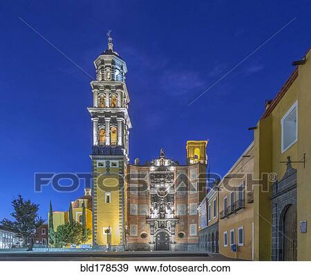 Stock Photo - Illuminated tower and Church of San Francisco, Puebla, Puebla, Mexico. Fotosearch