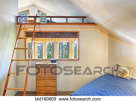 Loft bed in modern bedroom View Large Photo Image Stock Photo - Loft bed in modern bedroom. Fotosearch